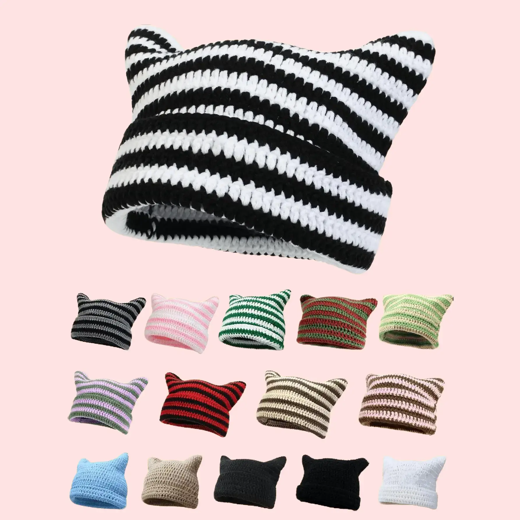 1pc Women's Autumn/Winter Hand-Knit Striped Cat Ear Beanie Hat Warm Y2K Streetwear Style Acrylic Material Soft Cozy Skin-Friendly One Size Fits Most