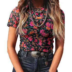 Asvivid Floral Printed Mesh Top Short Sleeve Mock Neck Laying Blouse Shirts Tops for Women - Summer Clothes Vacation Outfits Womenswear