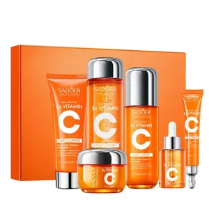 SADOER 5x Vitamin C Facial Skincare 6-Piece Set, Collagen+Hyaluronic Acid+Niacinamide, Cleanser+Toner+Lotion+Serum+Cream+Eye Cream, Moisturizing, Hydrating, Smoothing, Brightening, Firming, Suitable for All Skin Types