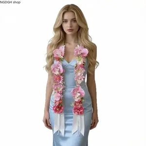 Artificial Pink Hawaiian Orchid Lei Garland with Pearl Tassels, Adjustable, Reusable Decor, Ideal for Luau Parties, Weddings