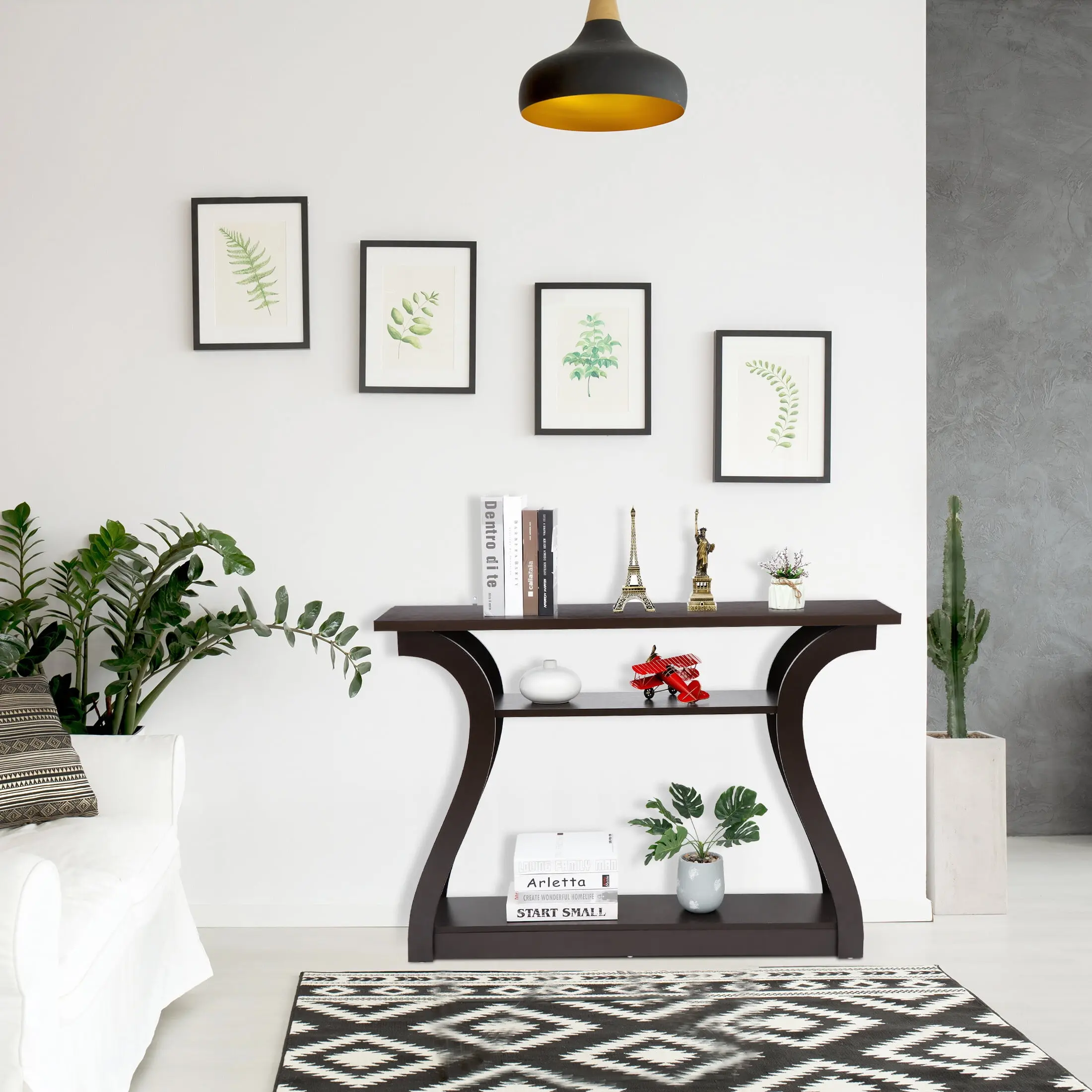 Zeny 47-In Narrow Modern MDF Console Table - Curved Legs, Metal Support, 3-Tier Shelves, Brown Quick-Setup Piece for Entryway, Living Room (Sofa Side, Media Console, Modern Accent), Sofa Side Table, Media Console Table