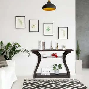 Zeny 47-In Narrow Modern MDF Console Table - Curved Legs, Metal Support, 3-Tier Shelves, Brown Quick-Setup Piece for Entryway, Living Room (Sofa Side, Media Console, Modern Accent), Sofa Side Table, Media Console Table