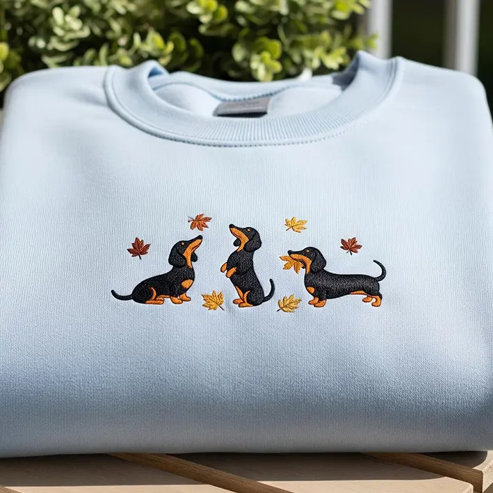 Dachshund Embroidered Sweatshirt, Fall Autumn Leaves Dog Lover Crewneck Sweatshirt, Wiener Dog Embroidery Gift Top, Cozy Pet Lover Sweater