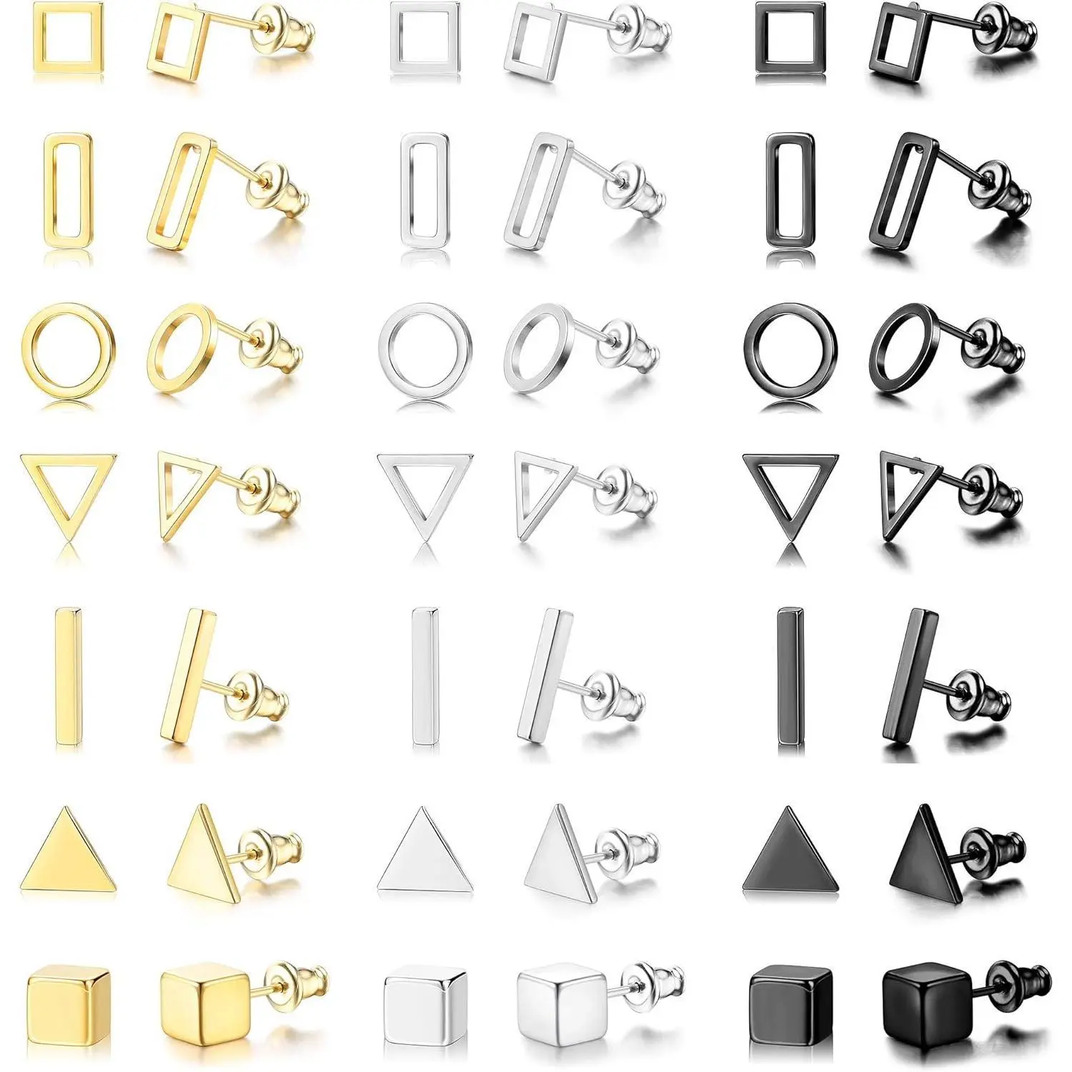 FINREZIO 21 Pairs Geometric Stud Earrings Stainless Steel Minimalist Earring Sets Simple Circle Triangle Square Bar Earrings for Women Daily