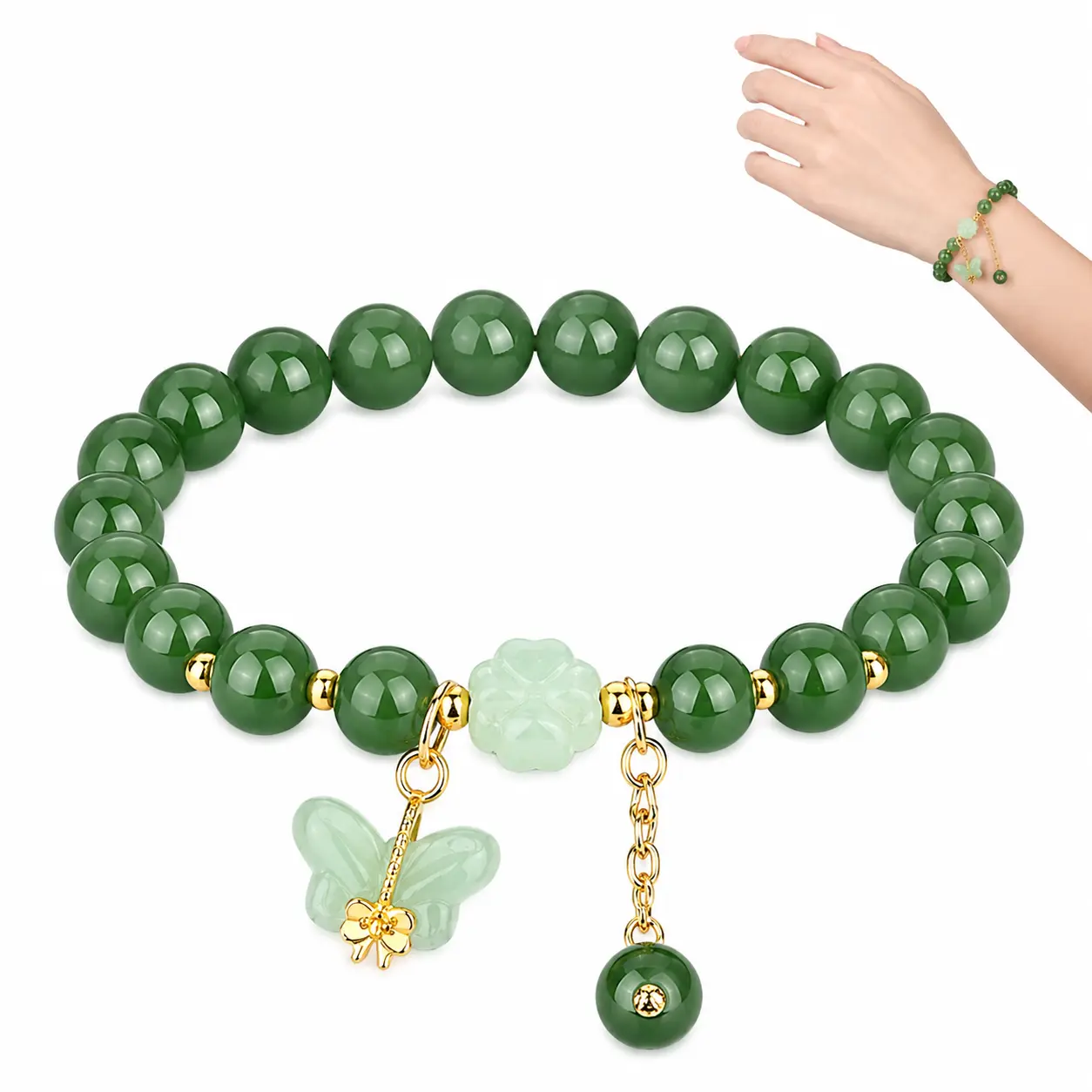 YLNWH Lucky Four-Leaf Clover Green Aventurine Bracelet - Manifest Wealth & Prosperity Crystal Charm
