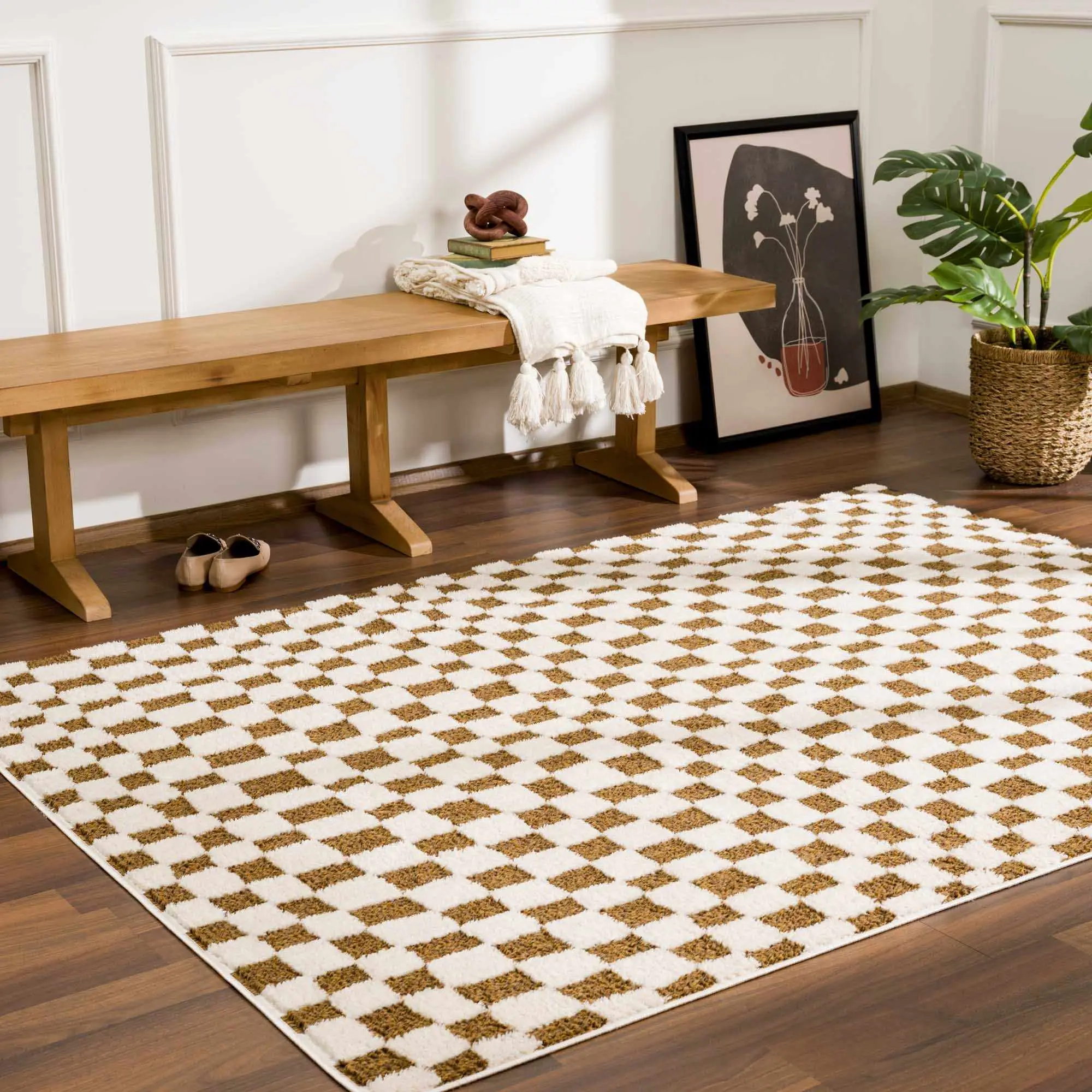 Lajos Brown Checkered Soft Shaggy Rug, Household Textile Carpet for Living Room Bedroom Decor