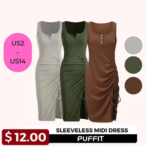 Go.G.G Button Front Drawstring Side-Slit Sleeveless Midi Dress Casual Womenswear