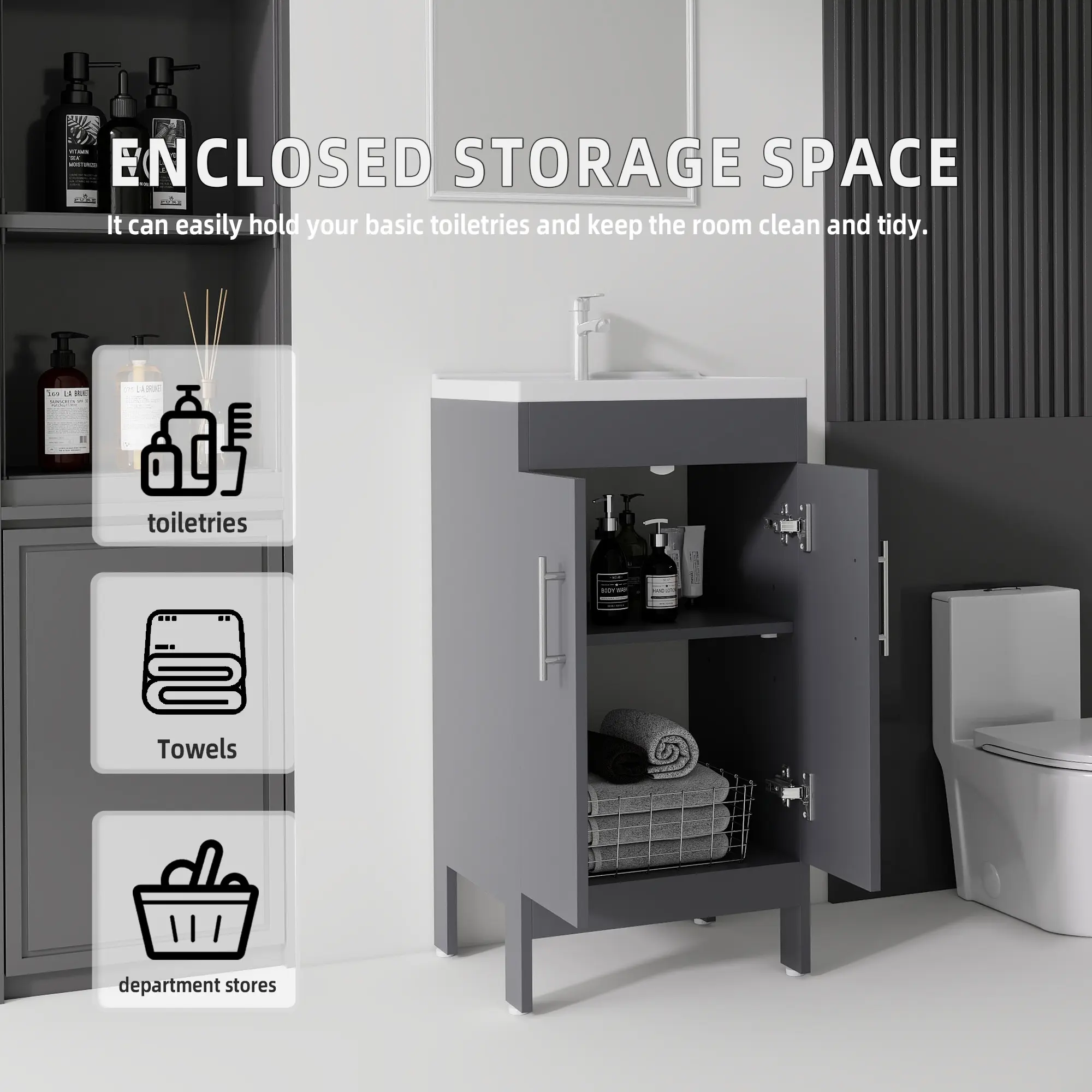 16 Inch Modern Freestanding Bathroom Vanity with Integrated Ceramic Sink, Waterproof Plywood Cabinet & Soft Close Single Door for Small Spaces, Grey