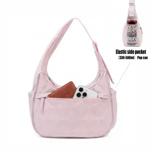 Five Seasons Home Quilted Crescent Shoulder Bag for Women Soft Nylon Multi-Pocket Everyday Organizer Lightweight Chic Design Pink Multifunctional