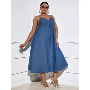 Rosette&Co Plus Size Women's Denim Cami Dress Casual Summer Plain Light Wash Spaghetti Strap Flared Hem Regular Fit Jean Dress for Women - Fabric