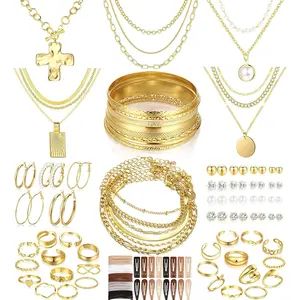 Women's Non-Tarnish Gold 137-Piece Glamour Set - 12 Necklaces,14 Bracelets,21 Hoop Earring Sets,24 Knuckle Rings,66 Hair Accessories - Styling Option for Anniversary Gifting (Sports & Outdoor Camping Hiking Tent Accessory Complement)