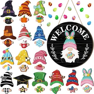 Interchangeable Wooden Gnome Decor Holiday Seasonal Gnome Decorations with Magnet Pieces and Detachable Hats Changeable Welcome Sign  Home(Black Style)