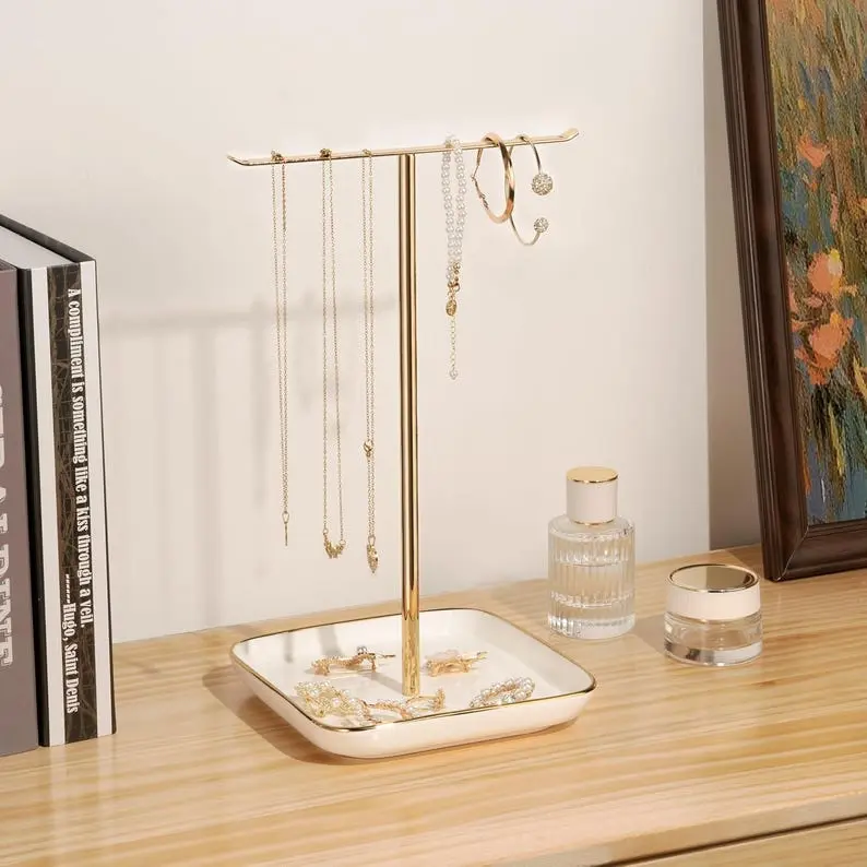Gold Tree Jewelry Holder: Ceramic Base Necklace Organizer