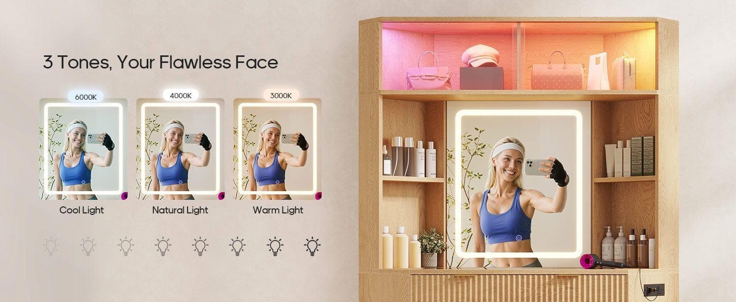 Sikaic Makeup Vanity with Sound Sync LED Lights and Glass Top Luxury Fluted Wooden Corner Vanity Desk with Mirror, Power Outlet, Shelves, Drawers and Cabinets