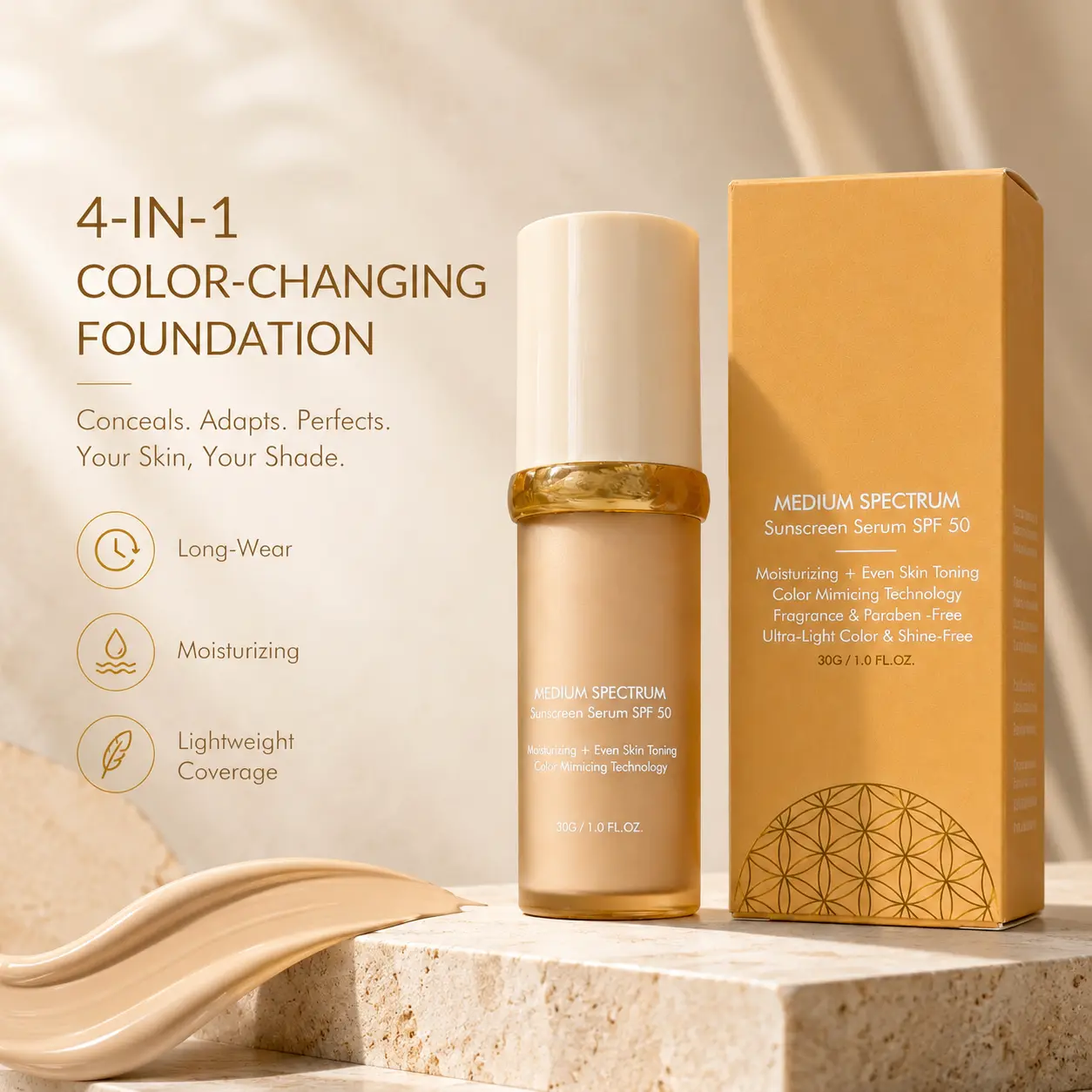 4-in-1 Color-Adapting Foundation Serum, Lightweight Buildable Concealer & Hydrating Face Makeup, Natural-Looking Smooth Finish, Comfortable Long-Wear, Non-Cakey Blendable Coverage for Daily Makeup, 30g