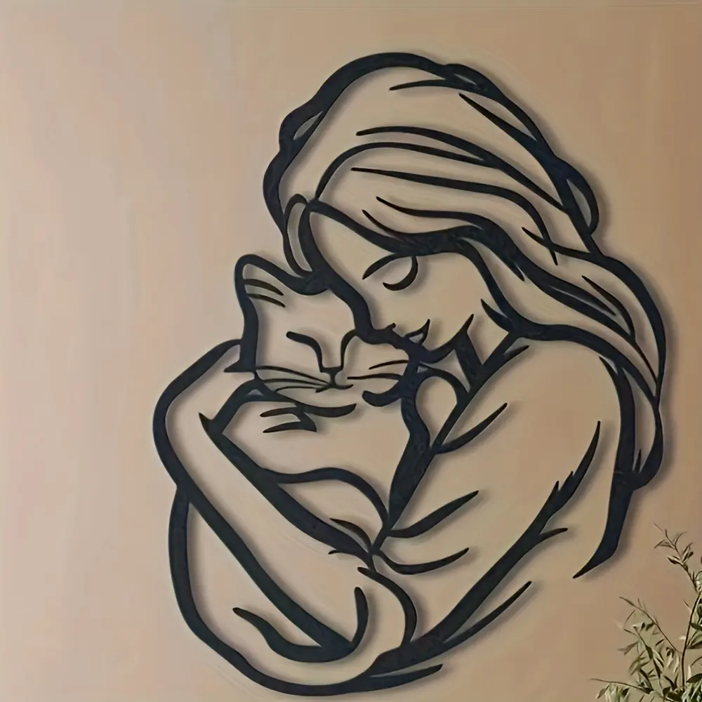 Unique Cat Hugging Metal Wall Art, Decorative Artwork, Durable Iron Structure, Perfect Gift for Cat Lovers, Ideal for Modern Home Decor & Christmas Gifts