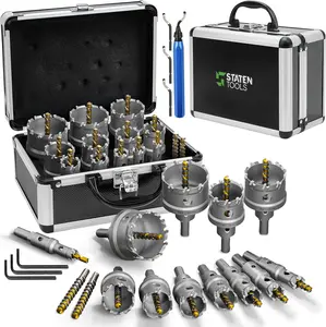 Tungsten Carbide Hole Saw Kit 22 Pcs – Carbide Hole Saw Set 9/16" to 2-1/8" for Metal, Stainless Steel, Wood – Includes 2 Drill Bits, Deburring Tool, 4 Blades, 3 Allen Wrenches – Industrial & DIY Use