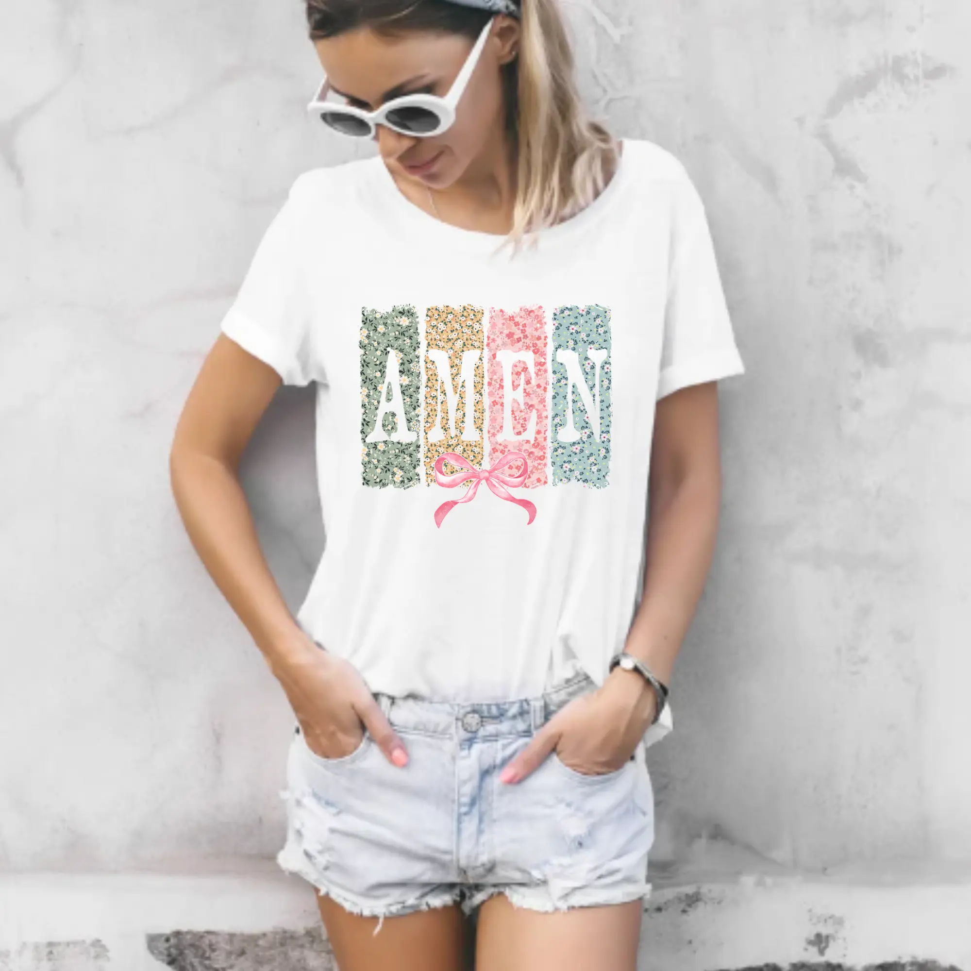 Amen Floral Strips Custom DTF Direct-To-Film Print Sheets - Press-Ready Art Supplies with Bow Accents for T-Shirt Cloth Crafts, DIY Specialty Accessories