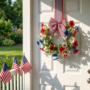 July 4th Independence Day Bowknot Deep Orchid Realistic Wreath Flower, Door Wall Hanging Decor, Home Party Supplies, Party Decor Design, Floral Decoration