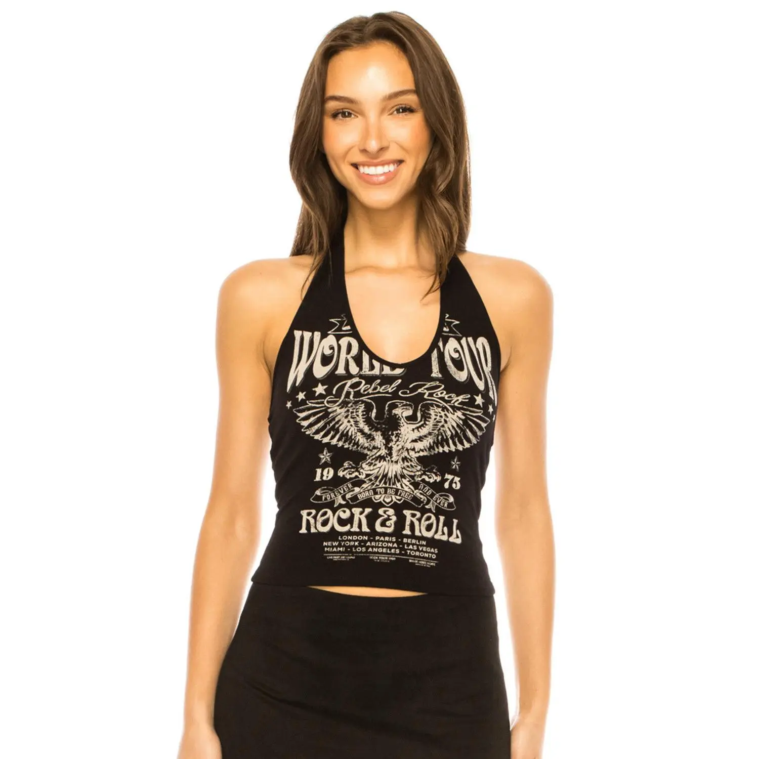 Women's Sleeveless Cotton-Spandex Halter Top, Everyday Casual Style, Small Size, Slight Stretch, Pull On, World Tour Print