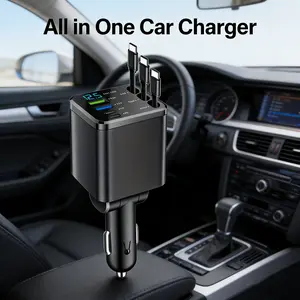 Car Retractable Charger 120W Super Fast Charging, Equipped with 3 Auto-Retract Cables and 2 Independent Fast Charging Ports, Supports Apple Android Full Fast Charging Protocols, 13.8V Stable Output Protects Device Battery, 180° Foldable Plug Design,
