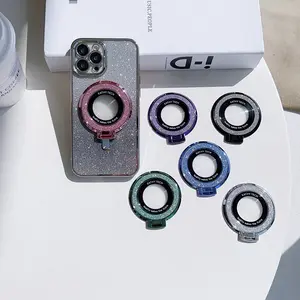 360-Degree Rotating Rhinestone & Glitter Mirror Stand — Universal Mobile Phone Holder, Desktop Support Ring, Adhesive Back Stand.