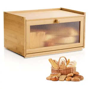VEVOR Bread Box for Kitchen Counter, Large Capacity Bamboo Bread Storage Container, Farmhouse Wooden Breadbox Organizer for Homemade Bread, Storage Holder Bin with Acrylic Wavy Door Panel, Natural