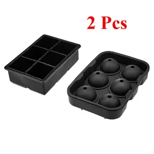 2 Pcs Silicone Ice Cube Trays, Spherical mold (7 x 5 x 2.2 IN) set of 1 + Square mold (6.5 x 4.4 x 2.0 IN)
