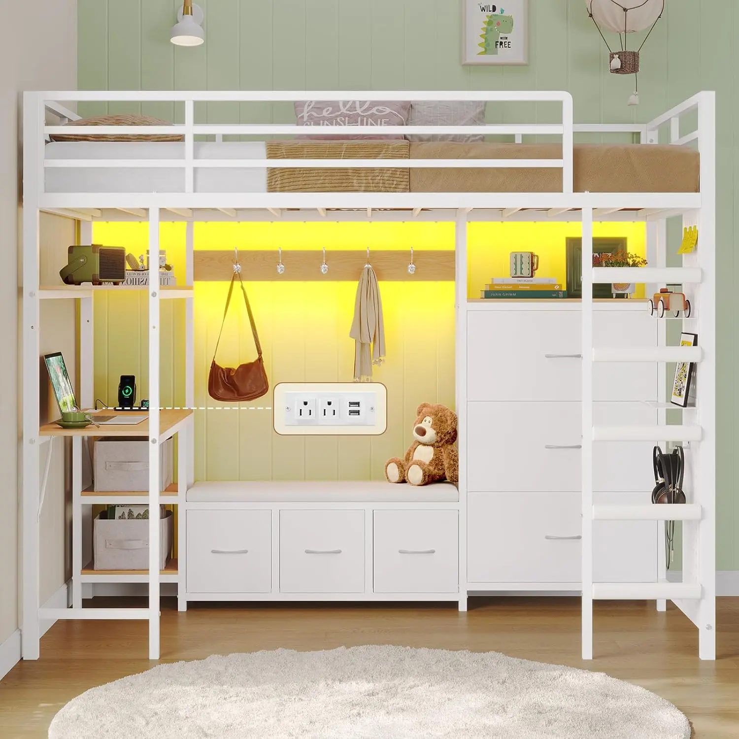 [SummerSale] Sikaic Twin Loft Bed with Desk, Stairs and 6 Storage Drawers, Metal Loft Bed with Charging Station, LED Lights, Pegboard, Open Shelves, Coat Rack and Safety Guardrail, White, Home Furniture, Dorm Essentials