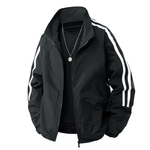 Men's Black Performance Jacket with Contrast White Sleeve Stripes & Silver Chain Accent Modern Athletic Streetwear Medium Size