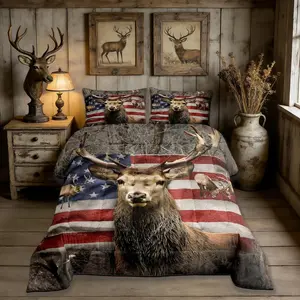 Feelyou American Flag Deer Polyester Bed Comforter Sets - U-Stitch Wildlife Theme Bedroom Bedding Set, Decorative Travel-Ready Duvet, Brown Animal & Trees Print for Kids (Queen Size Available)