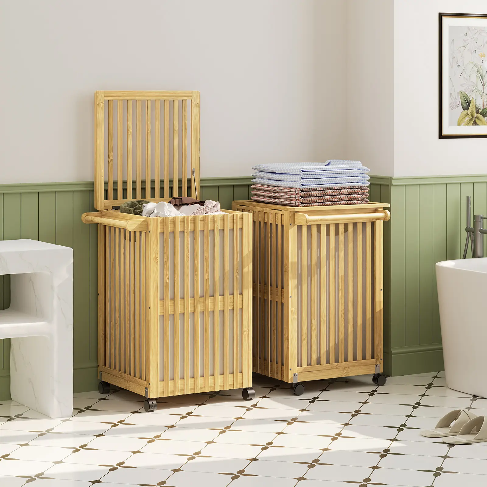 HOOBRO Laundry Hamper with Lid and Wheels, 120 L (31Gal) Double Laundry Basket, Bamboo Clothes Hamper with Handles and Removable Liner, for Laundry Room, Bathroom, Bedroom, Natural