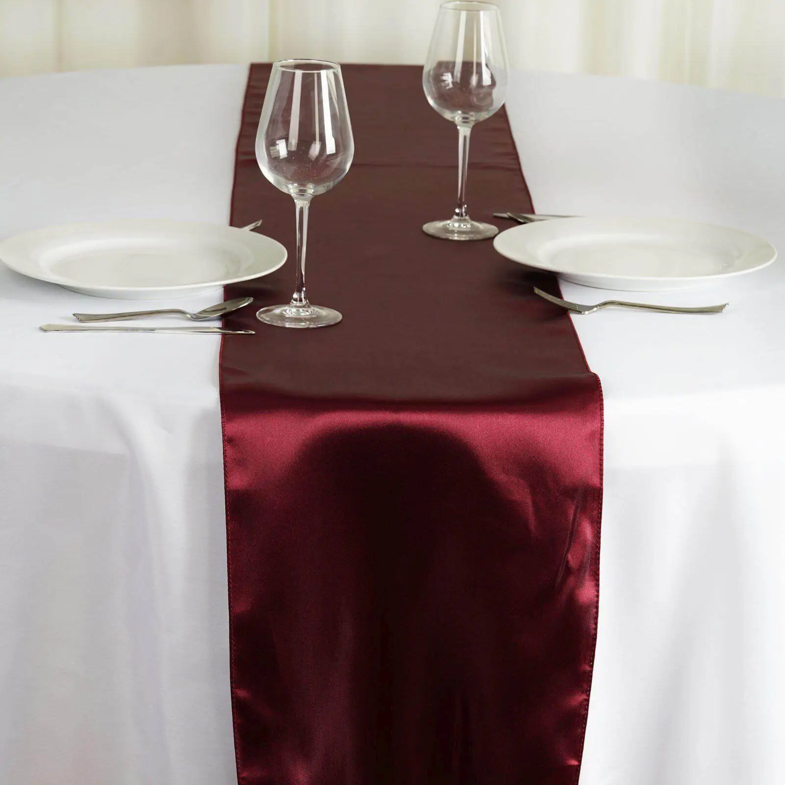 Burgundy Satin Fabric Table Runner, 12"x108" Machine Washable Kitchen Linen for Banquet, Wedding Events, Party Decoration, Solid