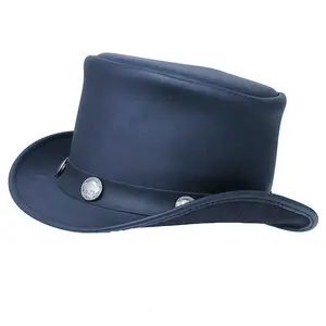 JAMIN LEATHER® Imported Buffalo Nickel Biker Leather Top Hat #H9229BUFK - 5 Inch Tall Crown, 3/4" Hat Band, 3 Buffalo Nickels, Cow Hide, Black