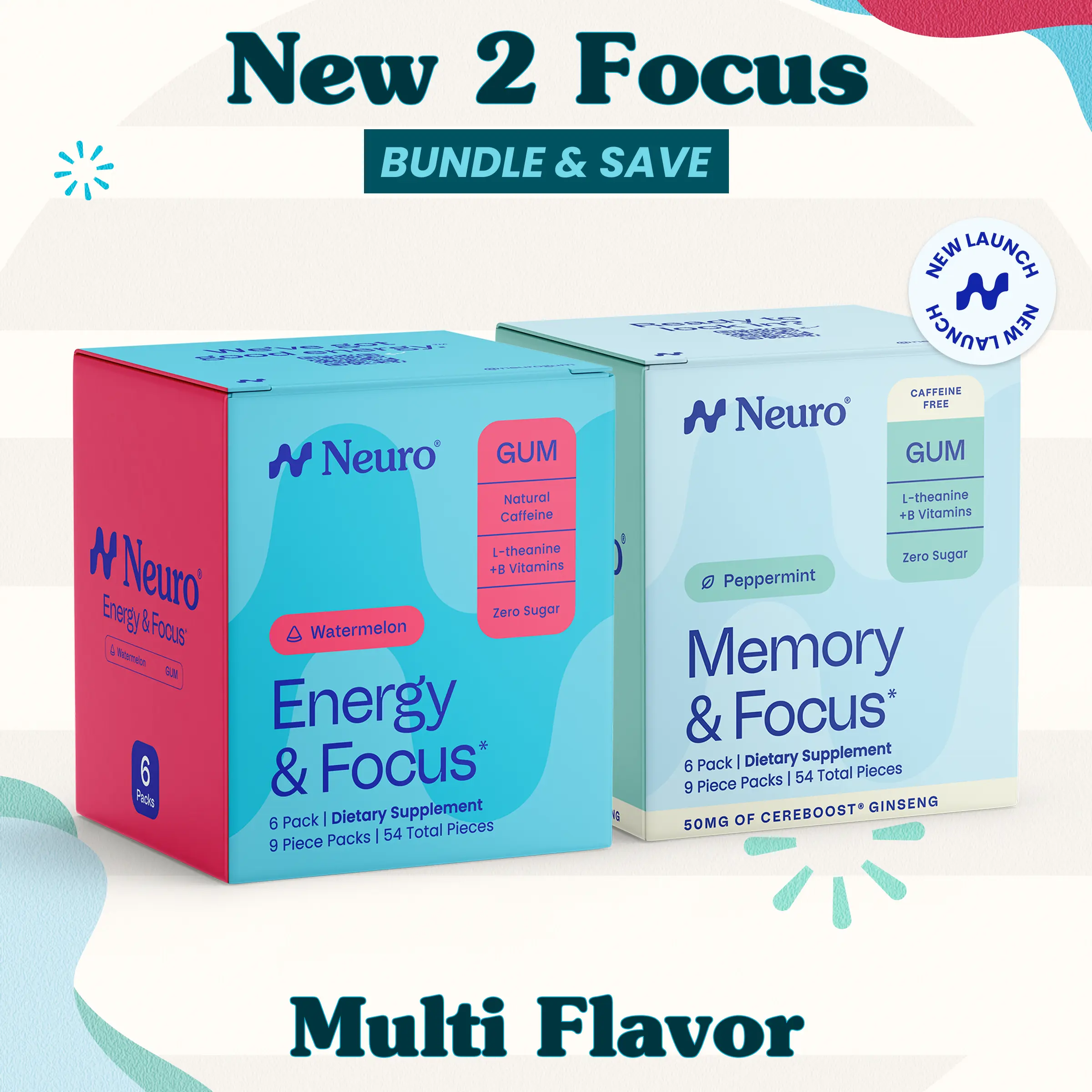 New 2 Focus Bundle - Natural Caffeine Energy Gum + Caffeine-Free Memory Gum - Multi Flavor (108 Pieces)