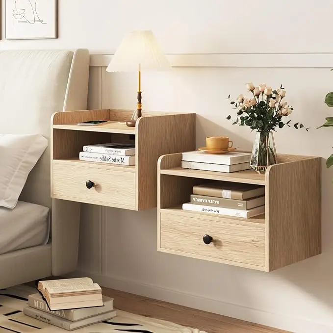 [tiktokshopstockup] Vabches Wall Mounted Floating Nightstand Set of 2 - Modern Furniture, Minimalist Look, Floating Space Saver with 2 AC Outlets, USB Ports, Drawer+Open Cubby Storage, Wooden Bedroom Bedside End Tables
