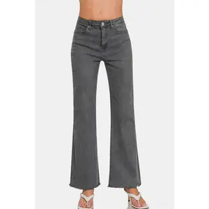 Zenana Acid Washed Frayed Hem Bootcut Jeans