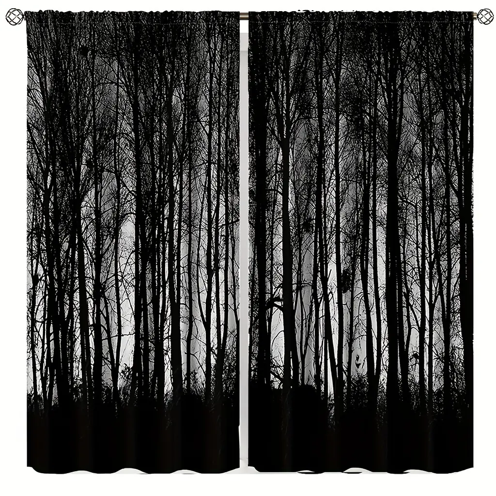 Set of 2, Gothic Black Forest Curtains, Dark Mist Mystery Pine Semi-Blackout Bar Pocket Trace Decoration for Bedroom Living Room Kitchen Home Decor