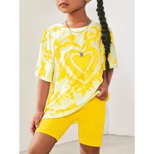 Girls' 2-Piece Polyester Regular Spring Outfit - Short-Sleeved Gradient Heart Print Hoodie, Soft Casual Pants Set for 5-14 Years Old Outdoor Use