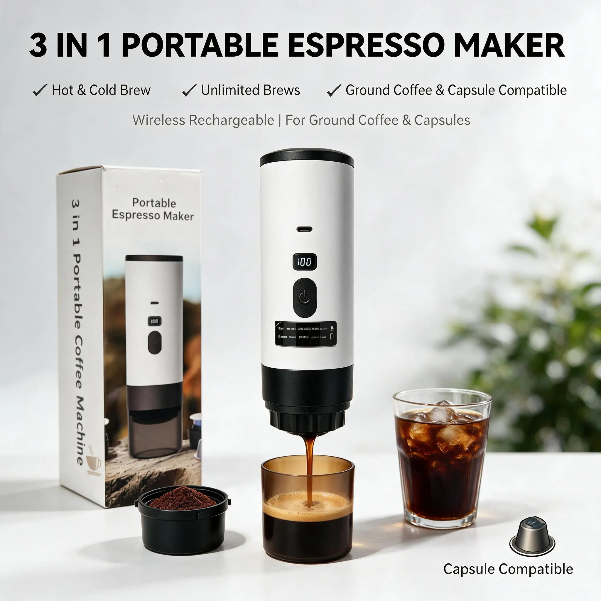 Recnargeabie Portabie Rechargeable Portable Espresso Maker Hot & Cold BrewCoffee Machine Compatible with Ground Coffee andCapsules
