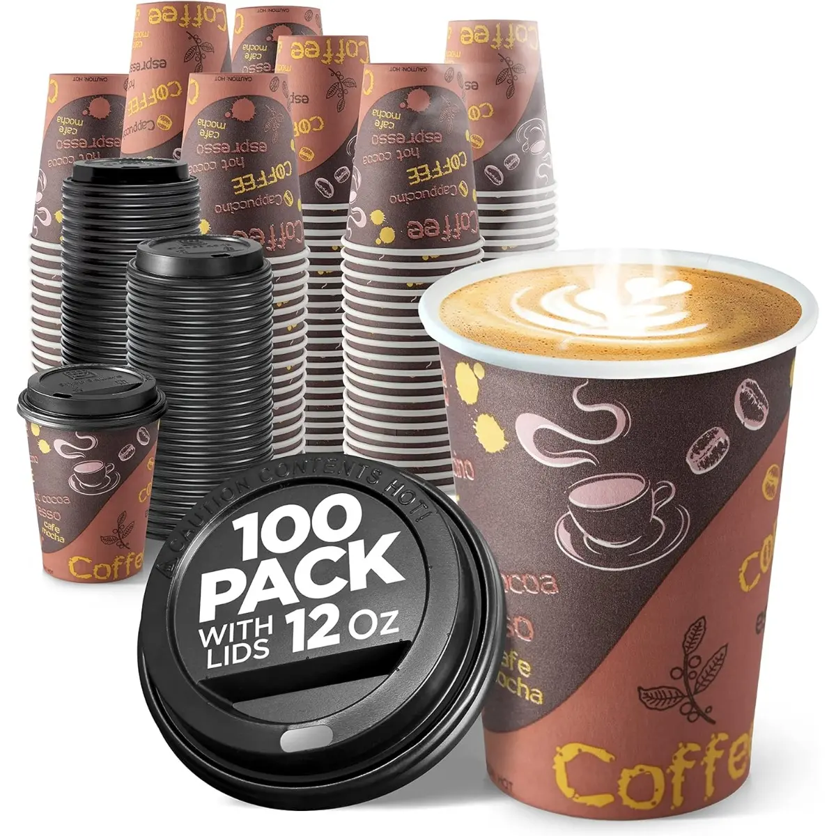 12oz Classic Poly-Coated Recyclable Disposable Paper Cups with Lids Kit (100 Count Pack of 1) - Eco-Friendly Kitchen Drinkware for Hot/Cold Drinks, Ideal for Coffee Lovers