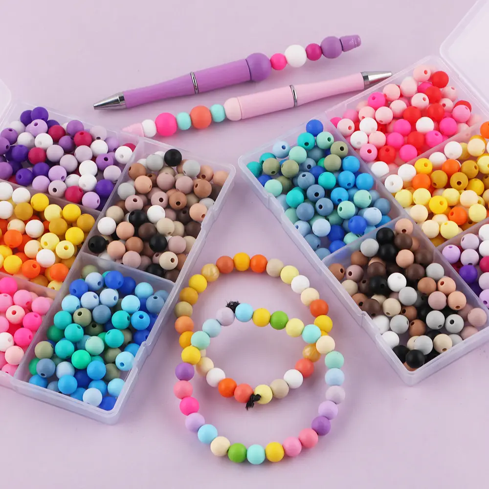 325Pcs/Box 9mm Silicone Beads Gradient Color 5 Grid Boxed Mixed Color Bead Kit For Keychain Bracelet Making, Pink Purple Yellow Blue Black White Small Silicone Beads DIY Craft Accessory