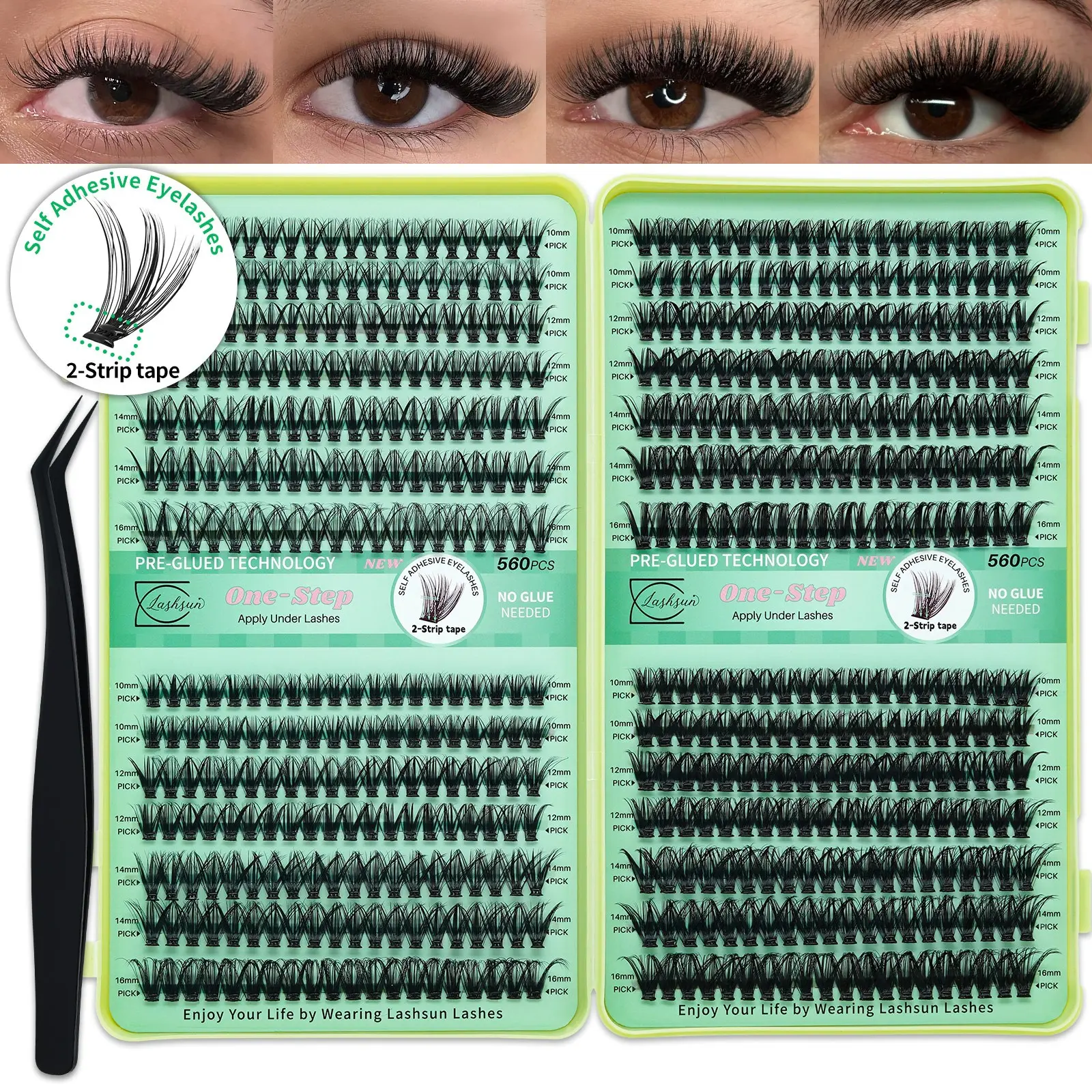 Lashsun 560 Pcs Self Adhesive Eyelashes Book, 4 Styles Large Capacity D Curl Self Adhesive Natural Lashes, No Glue Needed, 2-Strip Tape - Longer Lasting, Pre Glued Eyelashes with Tweezers Easy to Use, Cosmetic False Lashes