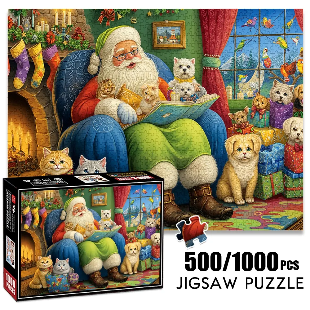 1pc 1000 piece adult puzzle 70x50cm Santa Claus Reading with Cats and Dogs at Christmas 500 pieces of paper jigsaw puzzle, suitable for adults and families, large-scale DIY puzzle interactive toy