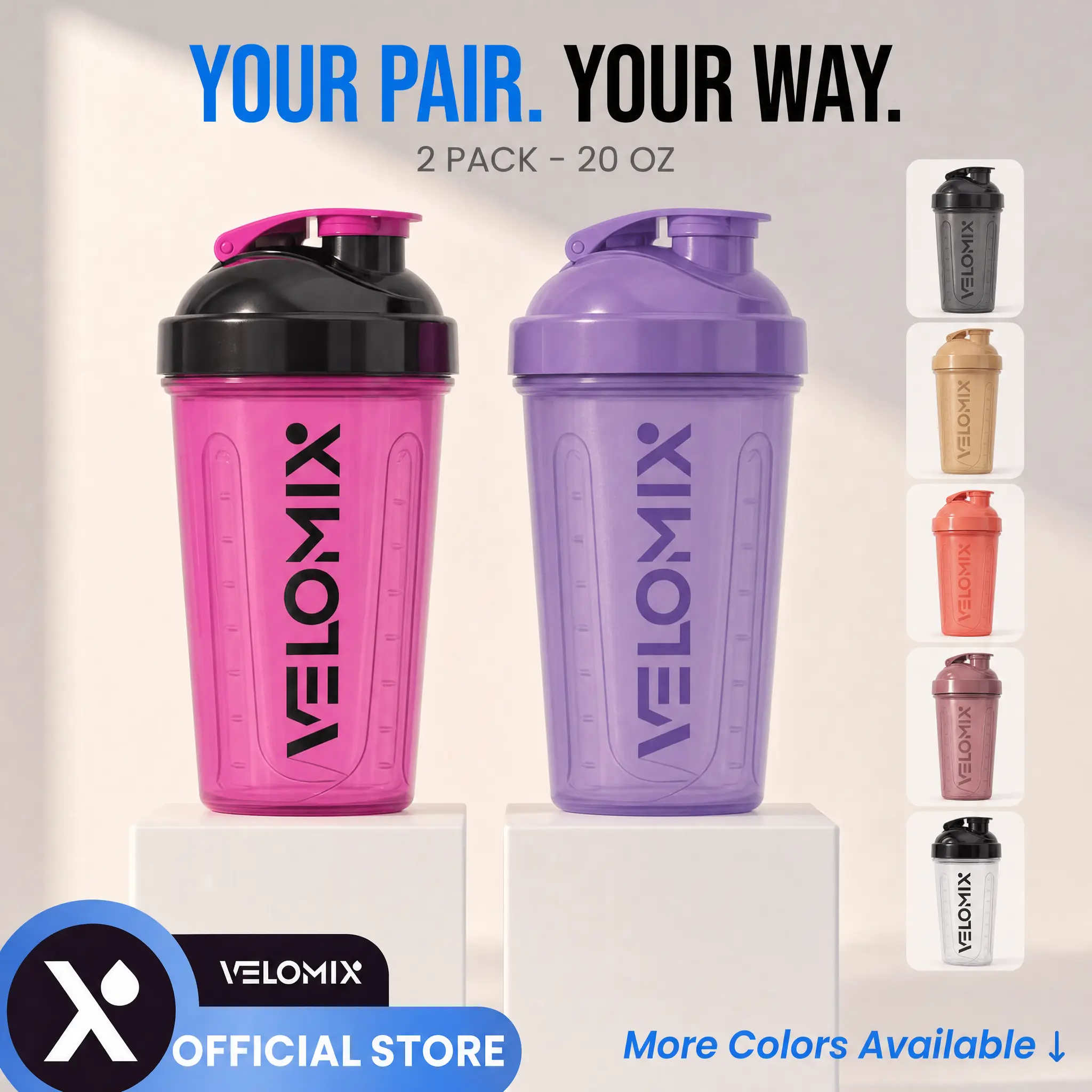VELOMIX 2-Pack 20oz Protein Shaker Bottles - BPA-Free, Leak-Proof Gym Accessories Water Bottles with Wire Whisk Ball for Gym Essentials (Multiple Colors), Leakproof Reusable Bottle, Protein Bottles Shakers