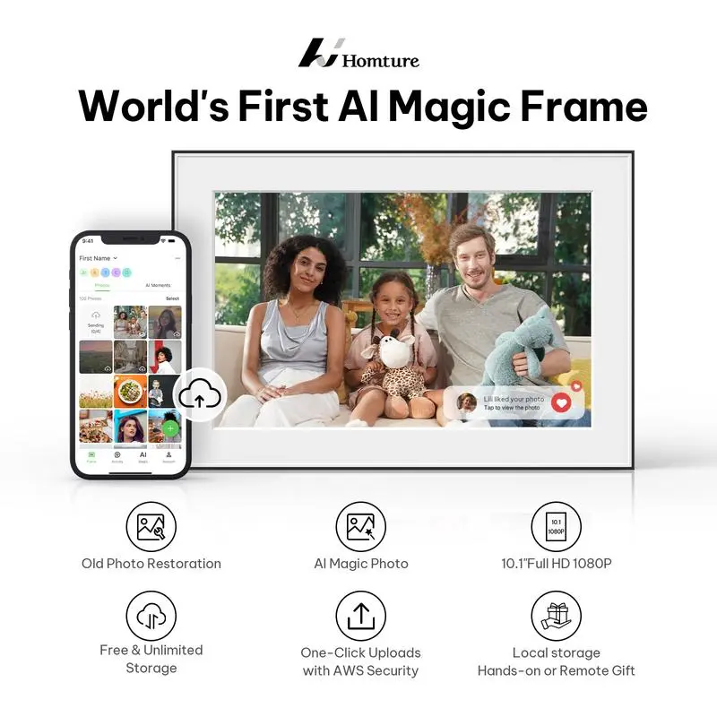 Homture Magic Frame AI Photo Frame World's First Smart Photo Frame for Old Photo Restoration 10.1 Full HD 1080P Cloud Storage Instant Family Sharing Christmas Gift - Home Decoration