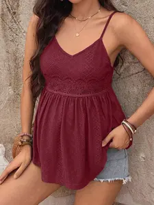 Maternity Contrast Lace Embroidery Sleeveless Casual Cami Top Babydoll Top For Vacation