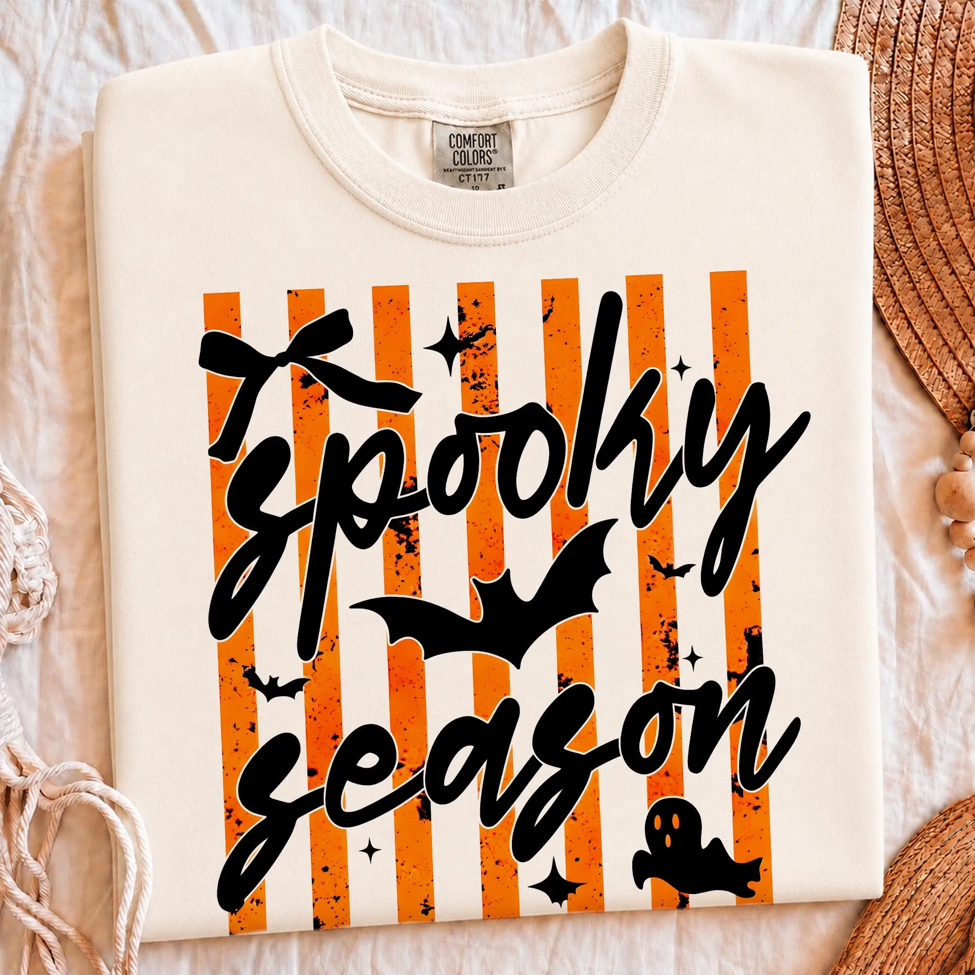 Comfort Colors Striped Spooky Season Bat Ghost Shirt, Funny Halloween Bat Tee, Trendy Spooky Vibes Horror tee