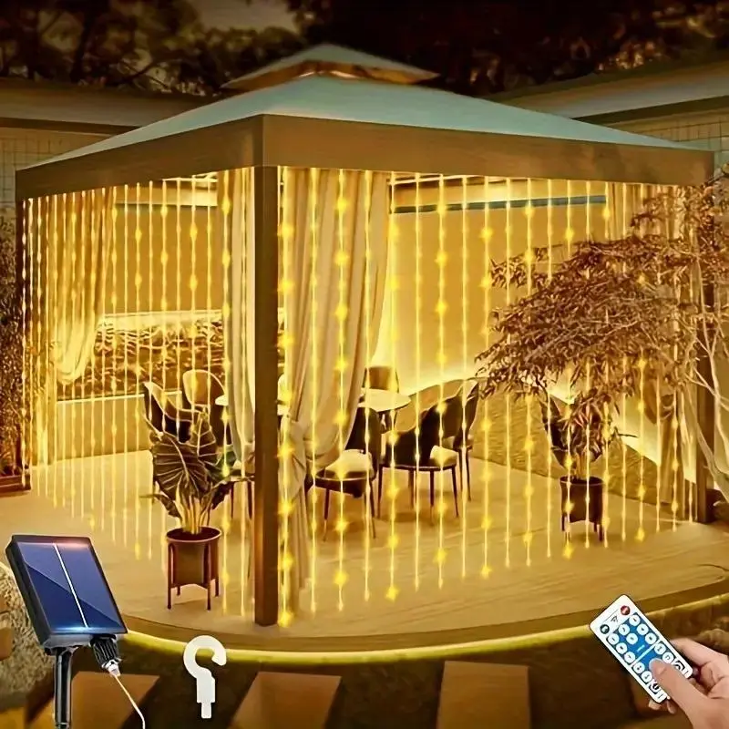 Pubsop Solar Curtain Lights,Waterproof Curtain Lights with 8 Modes,Remote Control,Type C interface,Outdoor LED Lights for Festival Decoration,Bedroom Wall Background Home Fall Decor