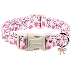 LIONET PAWS Spring Dog Collar Strawberry Pink Adjustable with Bowtie Pendant & Plastic Buckle for Small to Large Dogs Comfortable Polyester Material Easy-On Buckle